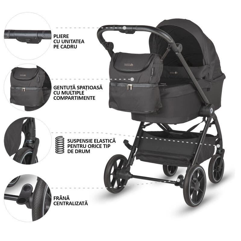 Carucior modular 2 in 1 Coccolle Serry Jet Black, Suport de picioare reglabil, Suspensie, Huse pentru picioare, Geanta, Adaptoare, Bara de protectie si maner din piele ecologica, Greutate admisa 22 kg - 1