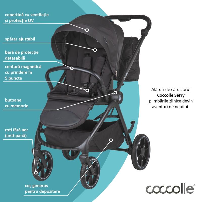 Carucior modular 2 in 1 Coccolle Serry Jet Black, Suport de picioare reglabil, Suspensie, Huse pentru picioare, Geanta, Adaptoare, Bara de protectie si maner din piele ecologica, Greutate admisa 22 kg - 2