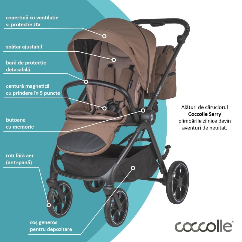 Carucior modular 2 in 1 Coccolle Serry Light Taupe, Suport de picioare reglabil, Suspensie, Huse pentru picioare, Geanta, Adaptoare, Bara de protectie si maner din piele ecologica, Greutate admisa 22 kg