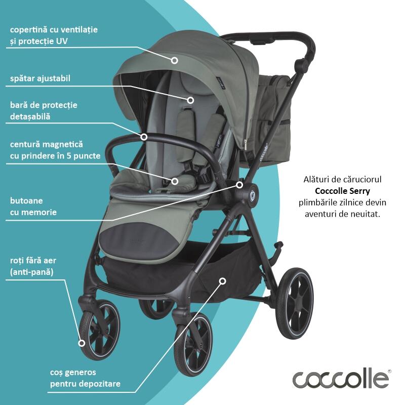Carucior modular 2 in 1 Coccolle Serry Moss Green, Suport de picioare reglabil, Suspensie, Huse pentru picioare, Geanta, Adaptoare, Bara de protectie si maner din piele ecologica, Greutate admisa 22 kg - 1