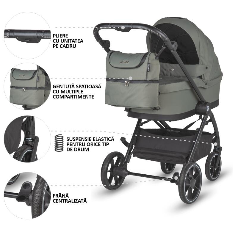 Carucior modular 2 in 1 Coccolle Serry Moss Green, Suport de picioare reglabil, Suspensie, Huse pentru picioare, Geanta, Adaptoare, Bara de protectie si maner din piele ecologica, Greutate admisa 22 kg - 2