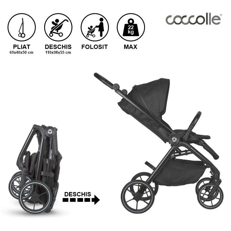 Carucior modular 2 in 1 Coccolle Serry Jet Black + Scoica auto iSize Coccolle Knox Greystone, Suport de picioare reglabil, Suspensie, Huse pentru picioare, Geanta, Adaptoare, Bara de protectie si maner din piele ecologica - 5