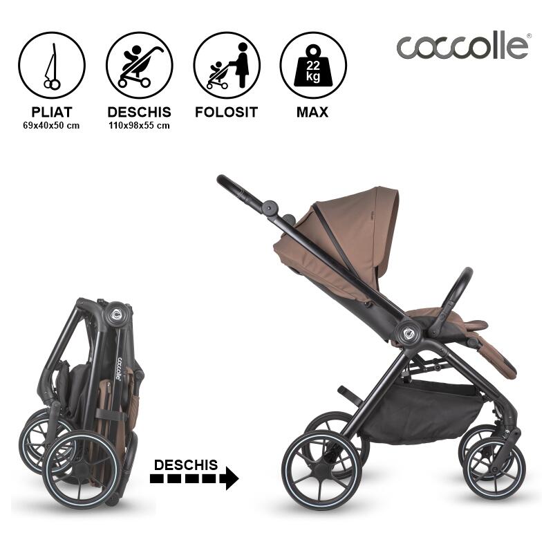 Carucior modular 2 in 1 Coccolle Serry Light Taupe + Scoica auto iSize Coccolle Knox Greystone, Suport de picioare reglabil, Suspensie, Huse pentru picioare, Geanta, Adaptoare, Bara de protectie si maner din piele ecologica - 5