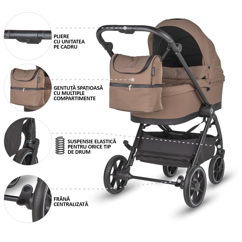 Carucior modular 2 in 1 Coccolle Serry Light Taupe + Scoica auto iSize Coccolle Knox Greystone, Suport de picioare reglabil, Suspensie, Huse pentru picioare, Geanta, Adaptoare, Bara de protectie si maner din piele ecologica - 6