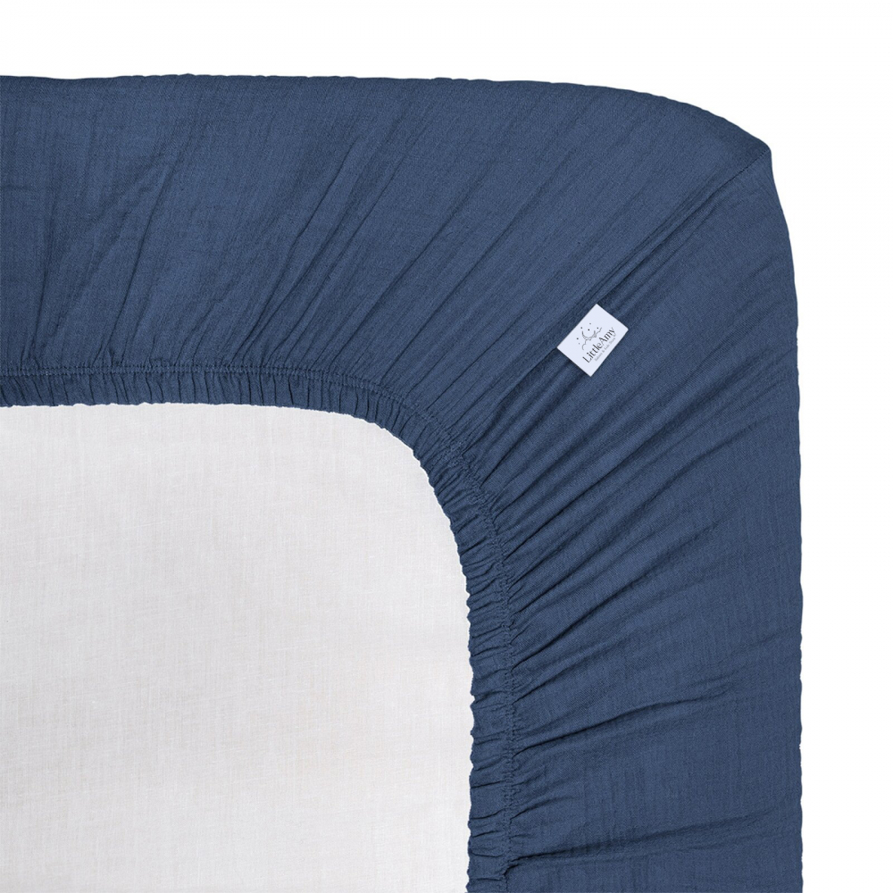Cearceaf muselina organica, cu elastic, Little Amy, Albastru inchis, 60 x 120 cm