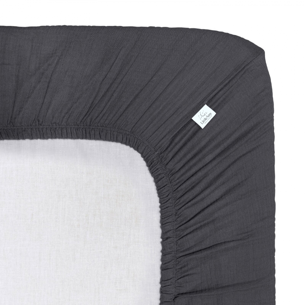 Cearceaf muselina organica, cu elastic, Little Amy, Antracit, 90 x 180 cm