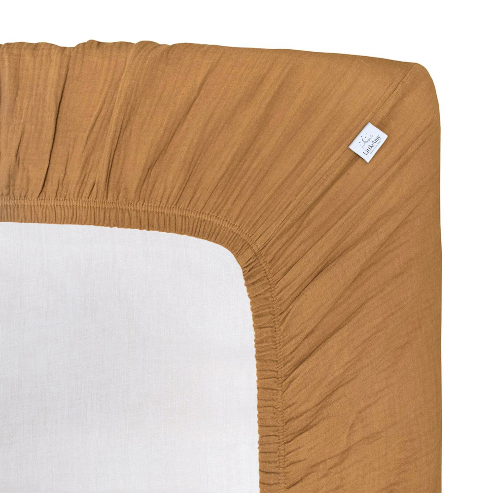 Cearceaf muselina organica, cu elastic, Little Amy, Maro deschis, 90 x 180 cm