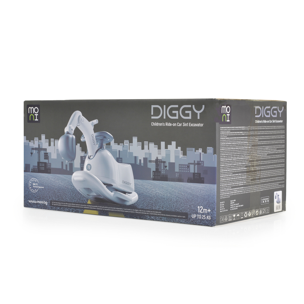 Excavator fara pedale Moni Diggy Grey tranformabil 4in1 cu Cupa mobila,Baza detasabila si transformare in balansoar,Olita incorporata,Sezut confortabil,Efecte muzicale si lumini,Recomandat de la 12luni,Greutate admisa 25kg - 1