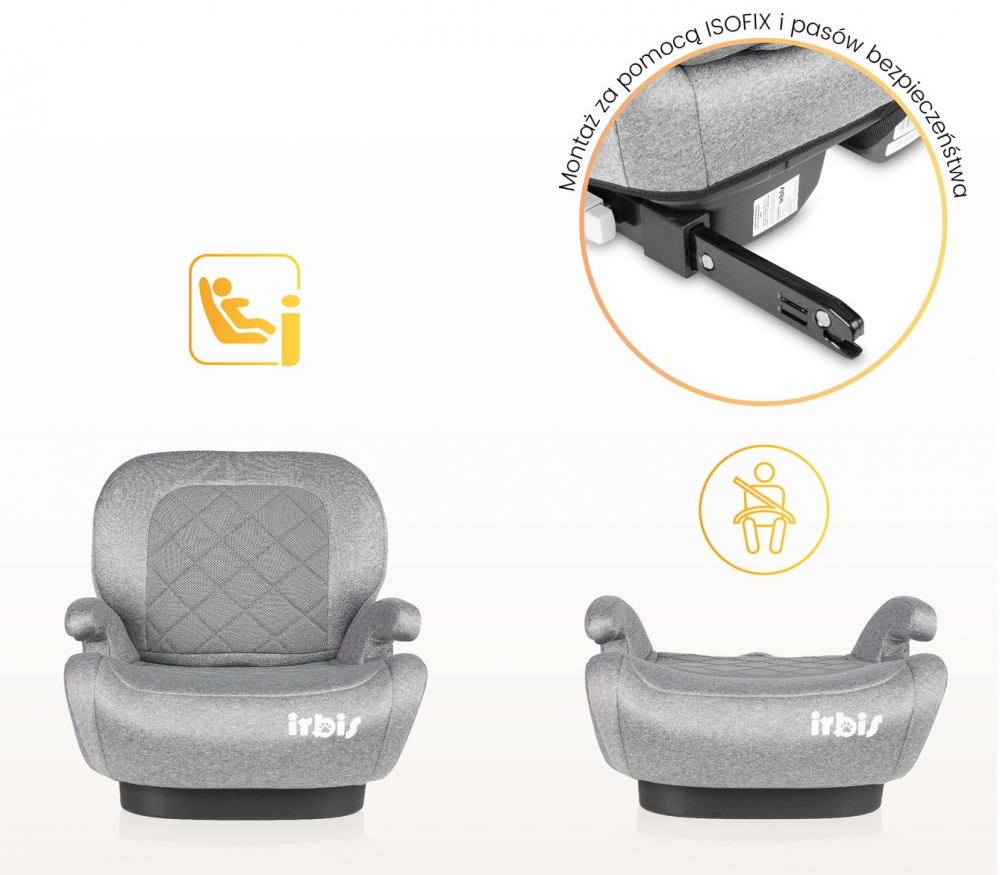 Inaltator auto copii Caretero Irbis I-Size Graphite 125-150 cm, Fixare cu isofix, Centura de ghidaj, Spatar reglabil si detasabil, Husa lavabila, Cotiere, Omologat R129
