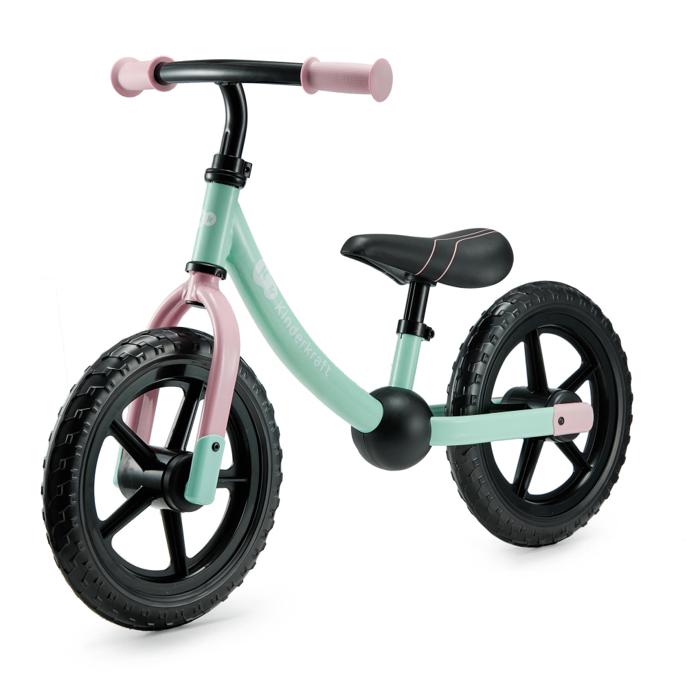 Bicicleta pentru copii copii Kinderkraft 2Way Next Offroad Candy Mint, scaun reglabil de la 32-41 cm, roti spuma EVA, ghidon reglabil, pentru copii de la 2 ani pana la 35 kg, unghi de viraj limitat