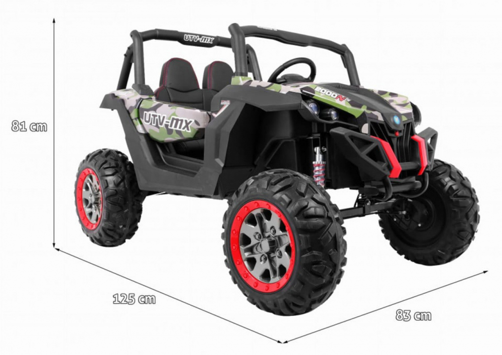 Masinuta electrica pentru copii Novokids Buggy UTV, 2 locuri, faruri luminoase, roti din cauciuc EVA, max 50 kg , 2 baterii de 12V, Mp3USB, 2 viteze, model Offroad, Camouflage