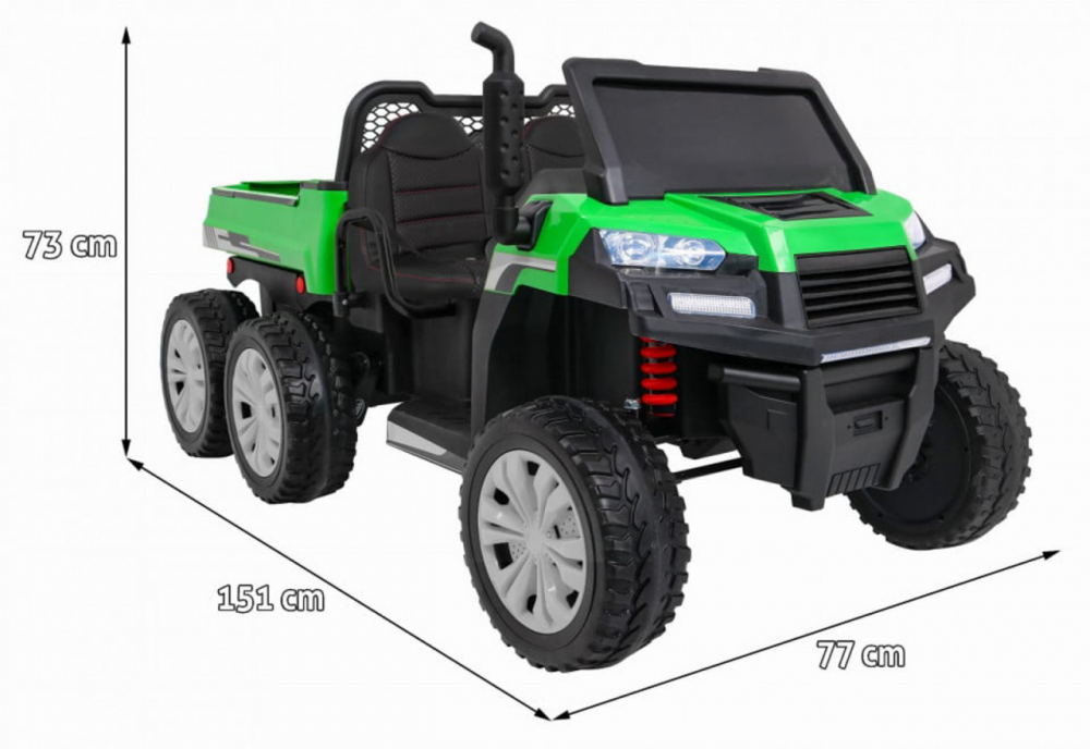 Masinuta electrica pentru copii Novokids Farmer Beast Buggy Verde, 6 roti, 2 locuri, remorca si faruri luminoase, roti din cauciuc EVA, max 60 kg, 24V