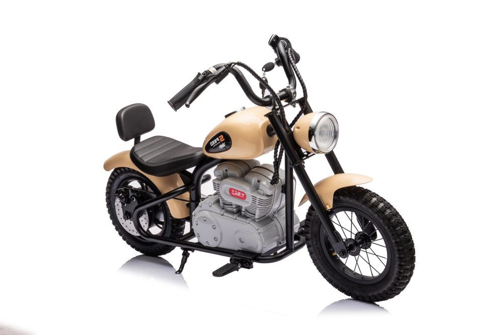 Motocicleta electrica pentru copii A9902 Kaki, cu pornire la cheie si motor 350W, baterie 36V, frana cu discuri pe spate si frana de mana, faruri functionele, viteza maxima 5-7 kmh, dimensiune 112 x 54 x 72 cm
