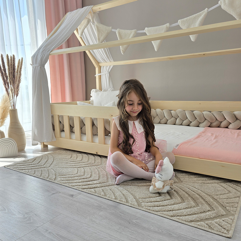 Pat copii montessori tip casuta, LittleAmy, Angel Nest, Balustrade cu bare plate, Natur, 100 x 200 cm - 3