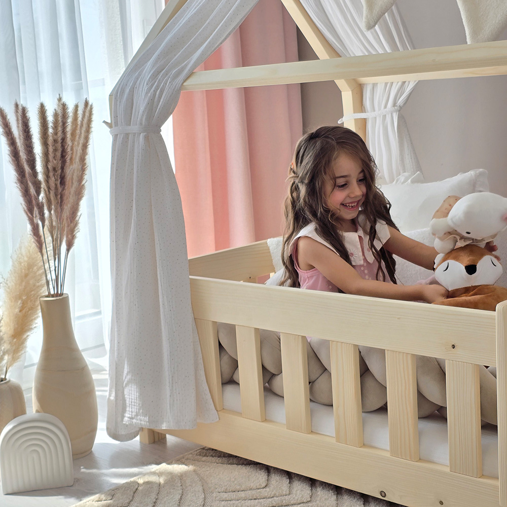 Pat copii montessori tip casuta, LittleAmy, Angel Nest, Balustrade cu bare plate, Natur, 140 x 200 cm - 4