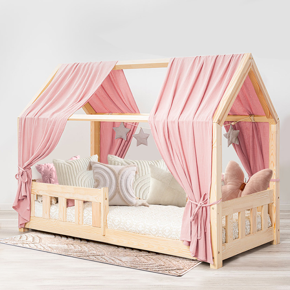Pat copii montessori tip casuta, LittleAmy, Angel Nest, Balustrade cu bare plate, Natur, 70 x 140 cm