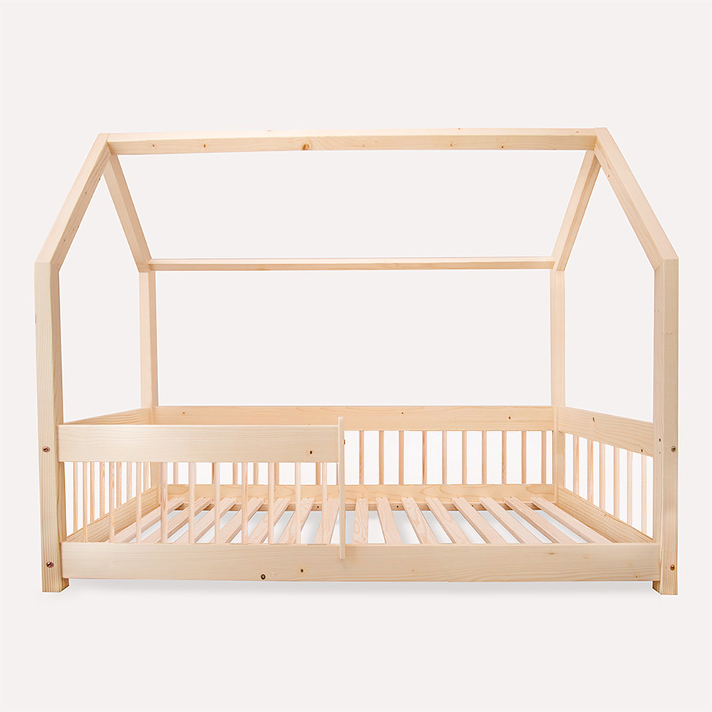 Pat copii montessori tip casuta, LittleAmy, Angel Nest, Balustrade cu bare rotunde, Natur, 120 x 200 cm - 3