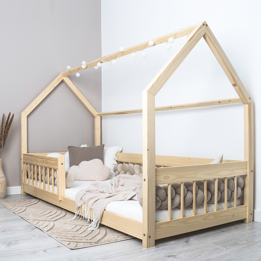 Pat copii montessori tip casuta, LittleAmy, Angel Nest, Balustrade cu bare rotunde, Natur, 120 x 200 cm - 6
