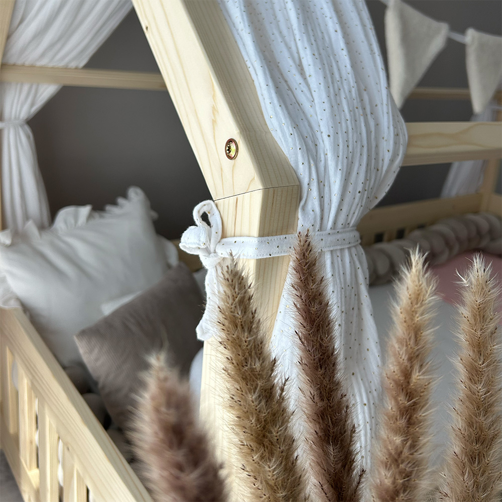 Pat copii montessori tip casuta, LittleAmy, Angel Nest, Balustrade cu bare rotunde, Natur, 70 x 140 cm