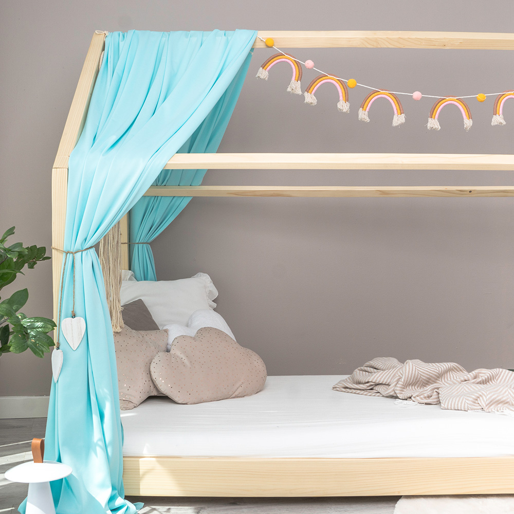 Pat copii montessori tip casuta, LittleAmy, Angel Nest, Balustrade cu bare rotunde, Natur, 70 x 140 cm - 2