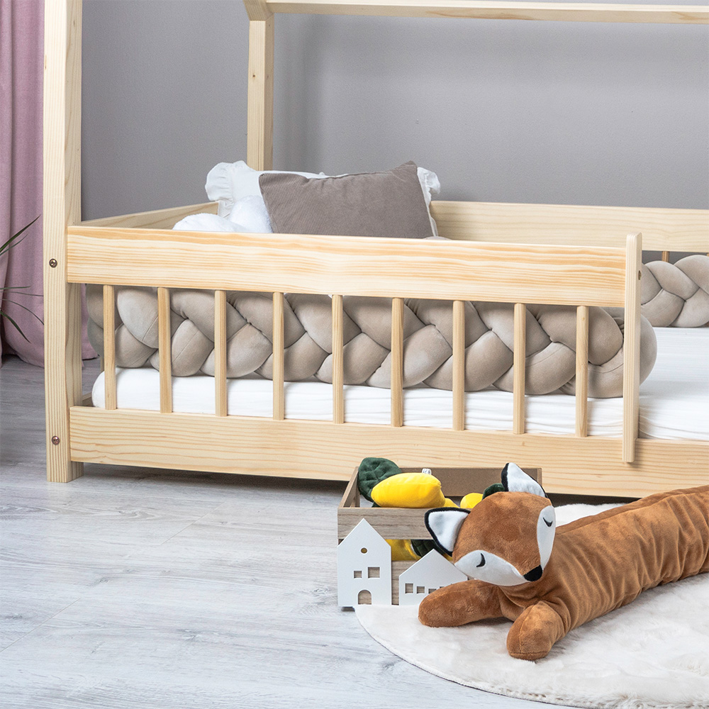 Pat copii montessori tip casuta, LittleAmy, Angel Nest, Balustrade cu bare rotunde, Natur, 70 x 140 cm - 6