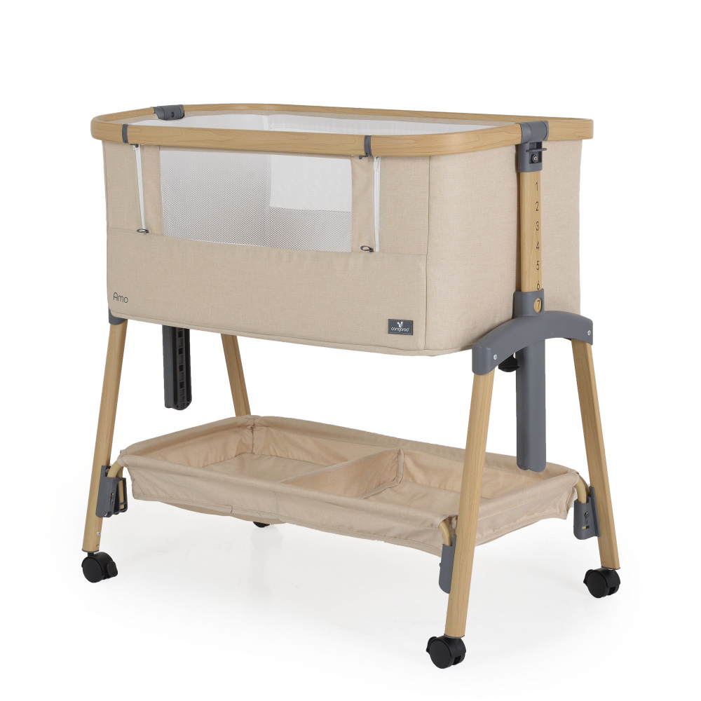 Patut Co-Sleeper Cangaroo Amo Beige 91x49x89 cm cu laterala culisanta,Fixare langa patul parinteluI,Inaltime reglabila in 7 pozitii,Roti cu blocare,Raft pentru accesorii,Pozitie antireflux,Saltea si plasa insecte inclusa