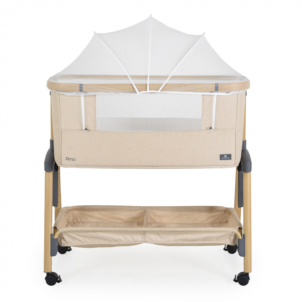 Patut Co-Sleeper Cangaroo Amo Beige 91x49x89 cm cu laterala culisanta,Fixare langa patul parinteluI,Inaltime reglabila in 7 pozitii,Roti cu blocare,Raft pentru accesorii,Pozitie antireflux,Saltea si plasa insecte inclusa - 1