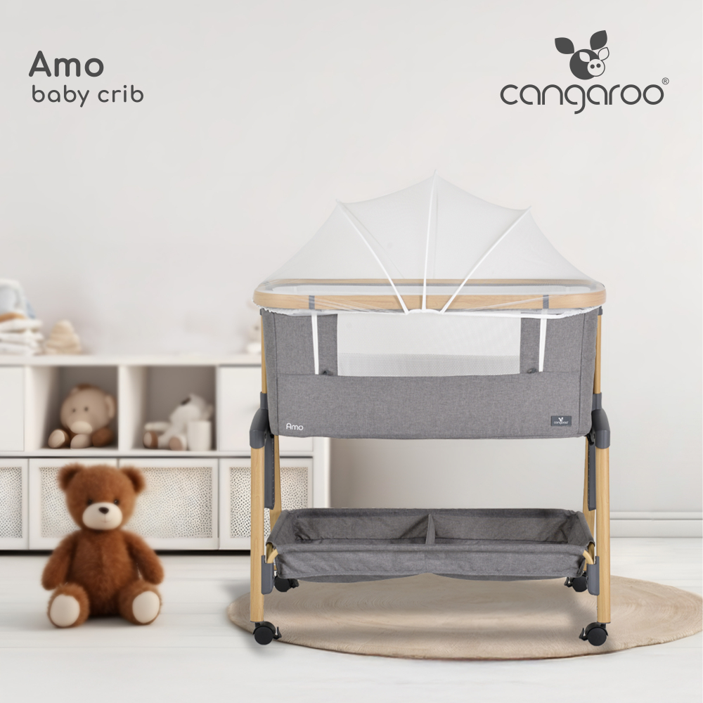Patut Co-Sleeper Cangaroo Amo Beige 91x49x89 cm cu laterala culisanta,Fixare langa patul parinteluI,Inaltime reglabila in 7 pozitii,Roti cu blocare,Raft pentru accesorii,Pozitie antireflux,Saltea si plasa insecte inclusa - 3