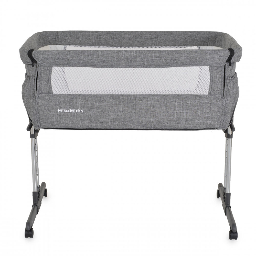 Patut co-sleeper pentru bebelusi Moni Mika Gri cu inaltime reglabila pe 7 nivele,Roti cu frana,Laterala detasabila,2 Buzunare depozitare,Laterale din plasa ventilatie,Curele pentru fixare la patul parintilor,Saltea inclusa