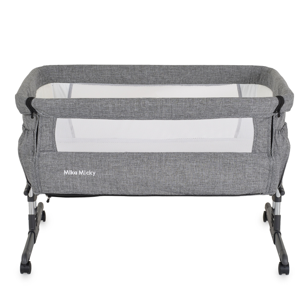 Patut co-sleeper pentru bebelusi Moni Mika Gri cu inaltime reglabila pe 7 nivele,Roti cu frana,Laterala detasabila,2 Buzunare depozitare,Laterale din plasa ventilatie,Curele pentru fixare la patul parintilor,Saltea inclusa - 1