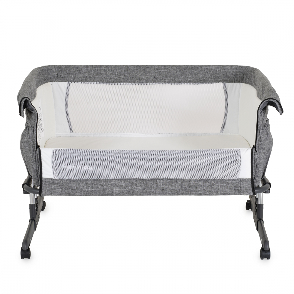 Patut co-sleeper pentru bebelusi Moni Mika Gri cu inaltime reglabila pe 7 nivele,Roti cu frana,Laterala detasabila,2 Buzunare depozitare,Laterale din plasa ventilatie,Curele pentru fixare la patul parintilor,Saltea inclusa - 2