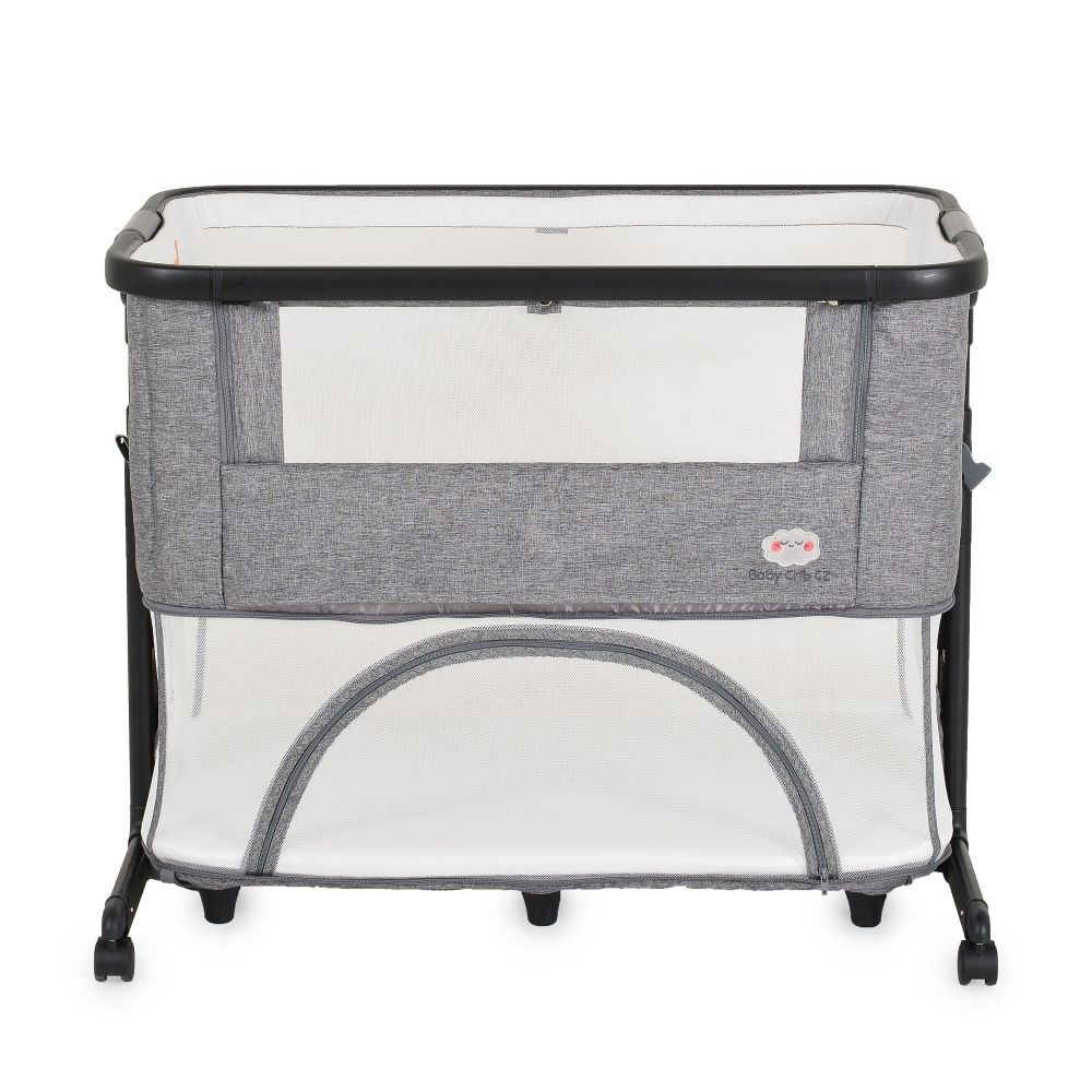 Patut pentru bebelusi 2in1 Moni Baby Crib Gri Melange cu laterala culisanta,Transformabil in tarc,5 nivele de reglare inaltime,Roti cu frana,Capotina cu plasa de insecte,Curele pentru fixare pat parinte,Saltea inclusa - 1