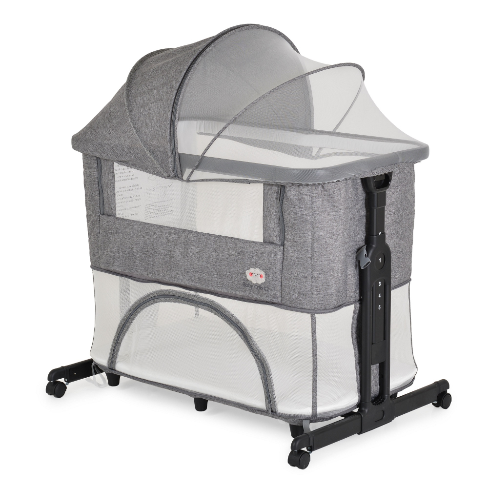 Patut pentru bebelusi 2in1 Moni Baby Crib Gri Melange cu laterala culisanta,Transformabil in tarc,5 nivele de reglare inaltime,Roti cu frana,Capotina cu plasa de insecte,Curele pentru fixare pat parinte,Saltea inclusa - 2