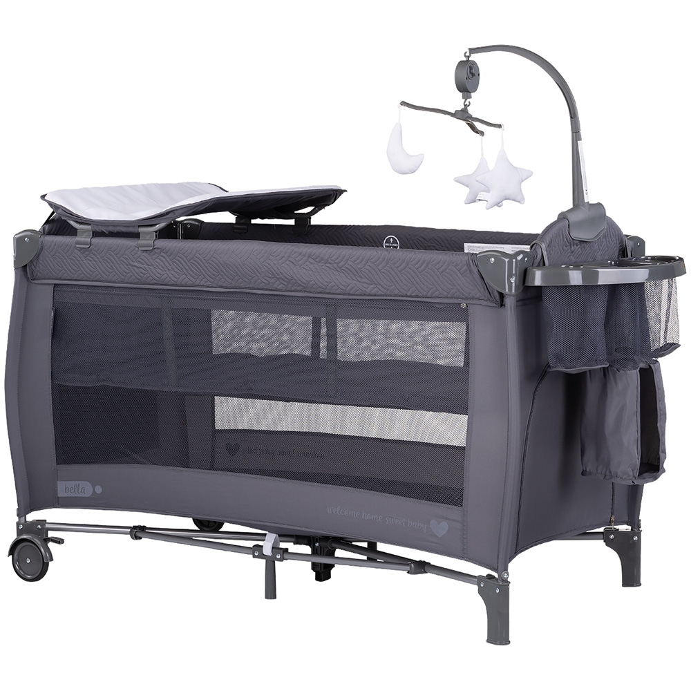 Patut pliabil Chipolino Bella Anthracite cu doua nivele, intrare laterala cu fermoar, 2 roti cu frane, saltea de infasat, carusel muzical, geanta pentru transport, buzunar si organizator accesorii - 5