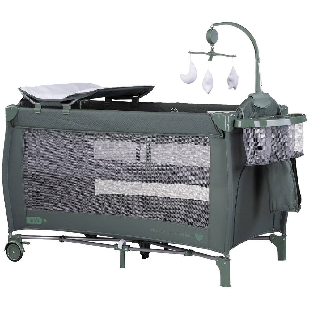 Patut pliabil Chipolino Bella Basil cu doua nivele, intrare laterala cu fermoar, 2 roti cu frane, saltea de infasat, carusel muzical, geanta pentru transport, buzunar si organizator accesorii - 1