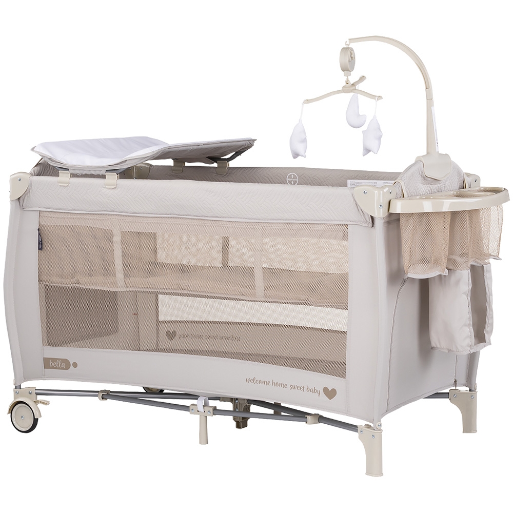 Patut pliabil Chipolino Bella Biscotta cu doua nivele, intrare laterala cu fermoar, 2 roti cu frane, saltea de infasat, carusel muzical, geanta pentru transport, buzunar si organizator accesorii - 1