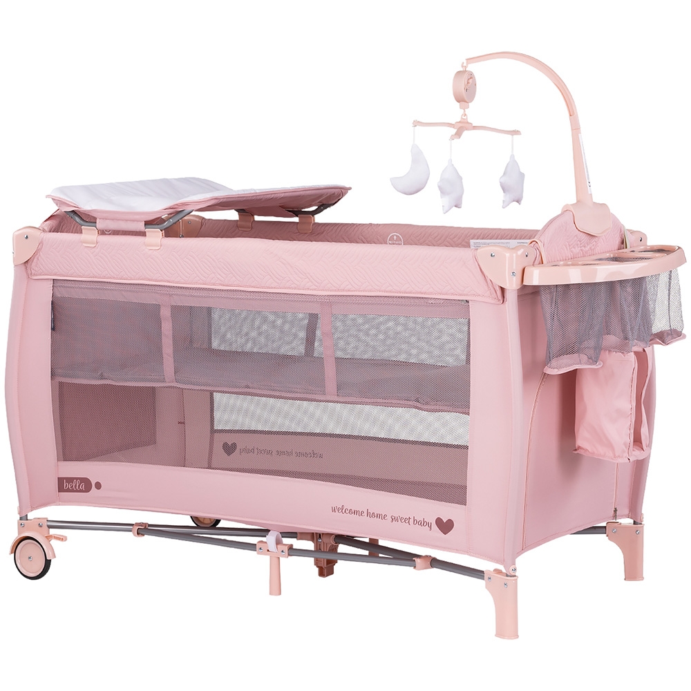 Patut pliabil Chipolino Bella Pink Marshmallow cu doua nivele, intrare laterala cu fermoar, 2 roti cu frane, saltea de infasat, carusel muzical, geanta pentru transport, buzunar si organizator accesorii - 1