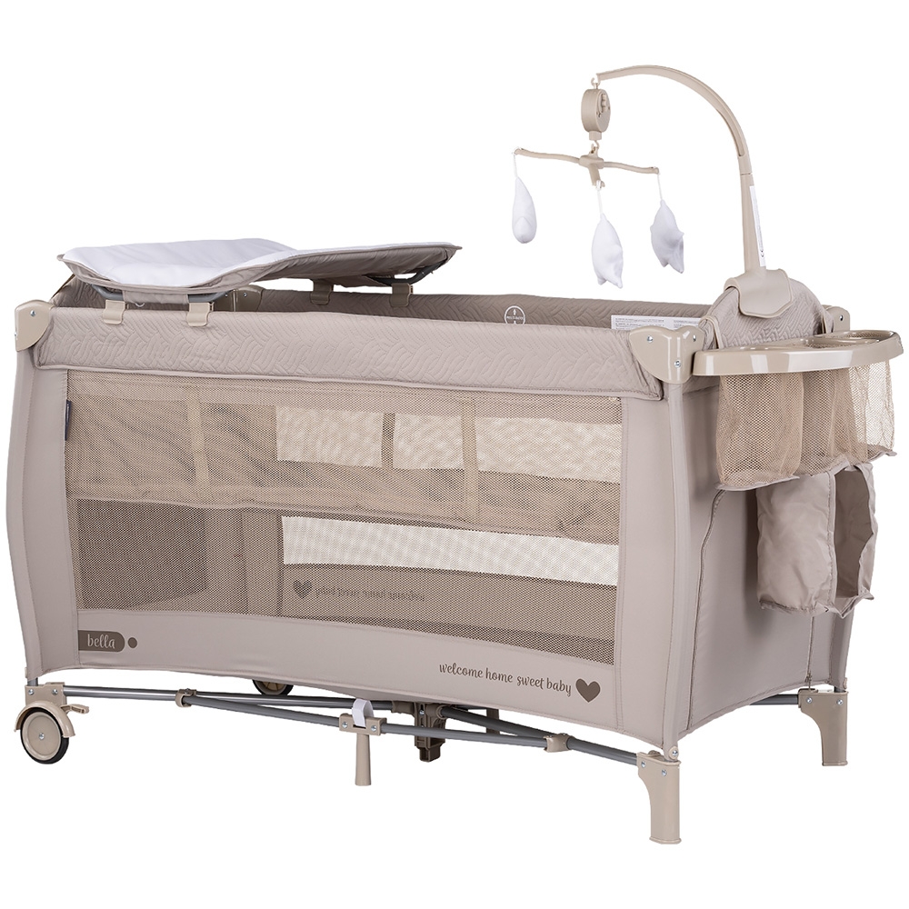 Patut pliabil Chipolino Bella Tiramisu cu doua nivele, intrare laterala cu fermoar, 2 roti cu frane, saltea de infasat, carusel muzical, geanta pentru transport, buzunar si organizator accesorii - 1