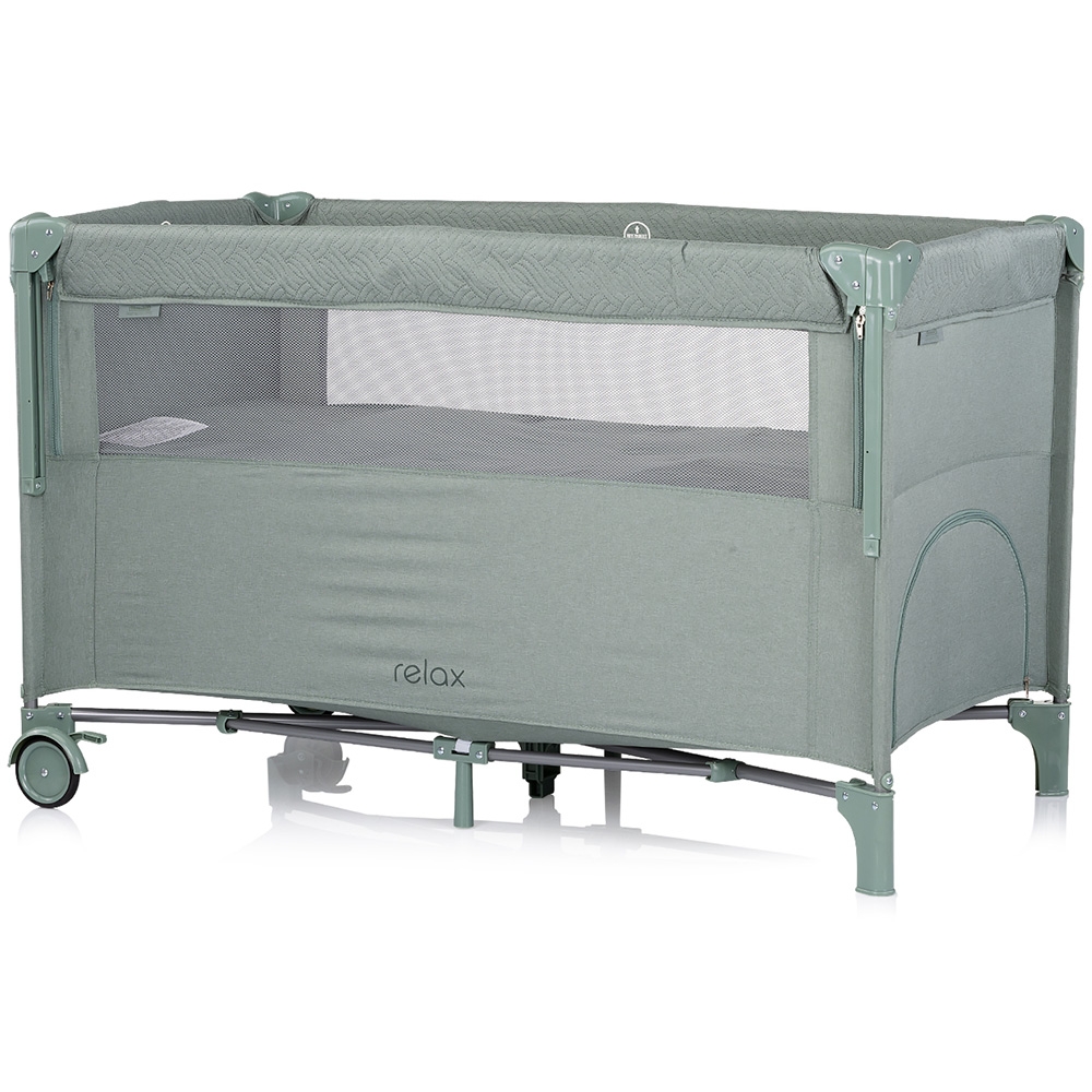 Patut pliabil Chipolino Relax Basil Linen cu laterala culisanta, intrare laterala cu fermoar, geanta pentru transport, greutate admisa 15 kg
