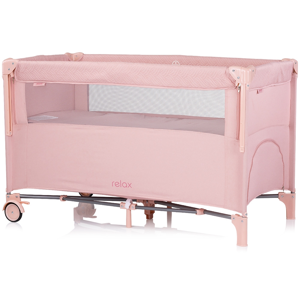 Patut pliabil Chipolino Pink Marshmallow Linen cu laterala culisanta, intrare laterala cu fermoar, geanta pentru transport, greutate admisa 15 kg
