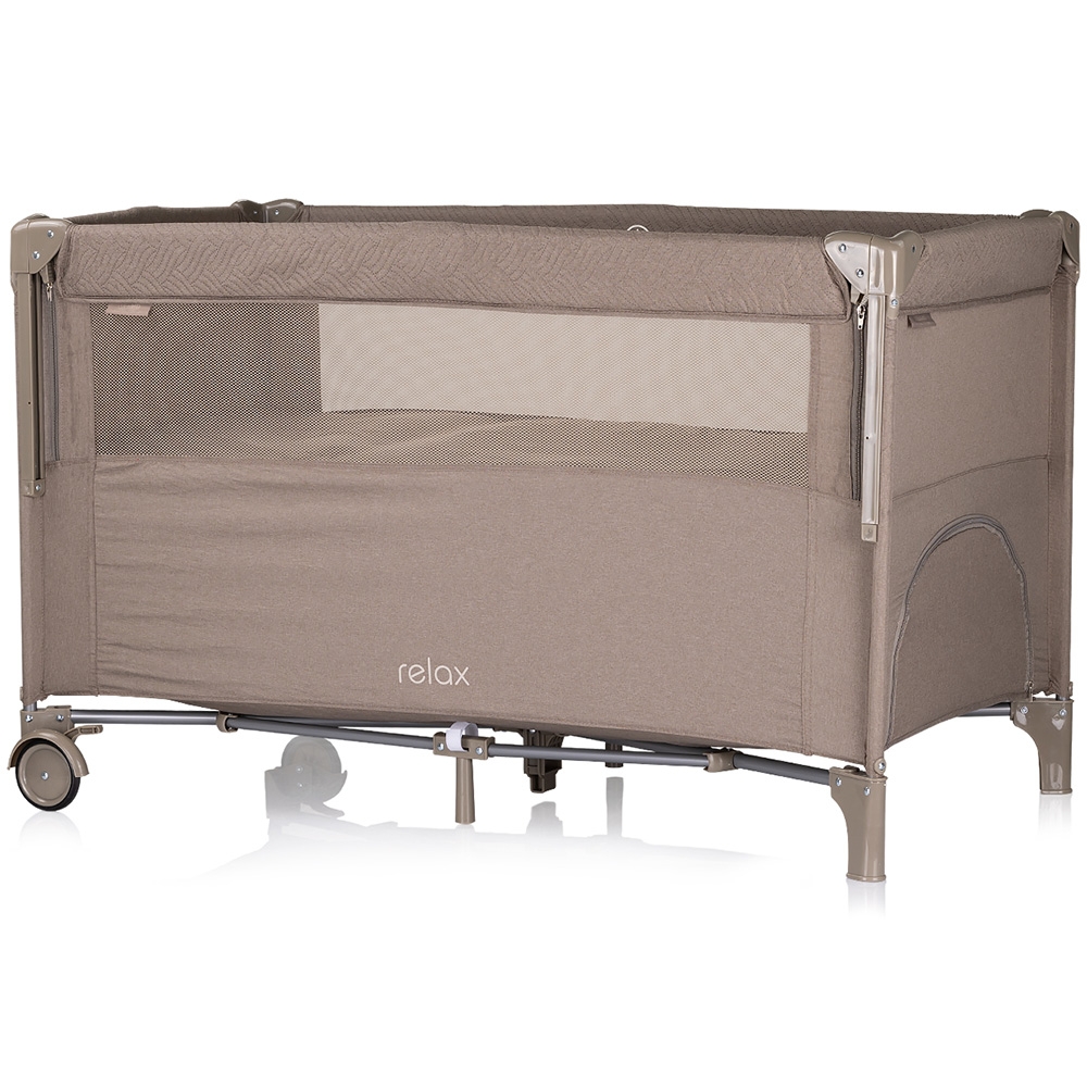 Patut pliabil Chipolino Relax Tiramisu Linen cu laterala culisanta, intrare laterala cu fermoar, geanta pentru transport, greutate admisa 15 kg