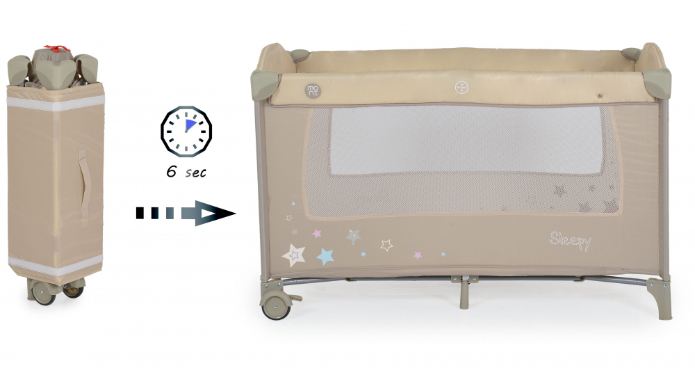 Patut pliabil de calatorie 2in1 Moni Sleepy New Beige 120x60cm cu 2 nivele,Roti cu blocare,Usa de acces cu fermoar,Laterala cu plasa de ventilatie,Pliabil compact,Saltea pliabila,Bara cu jucarii,Saltea de infasat si Geanta - 8