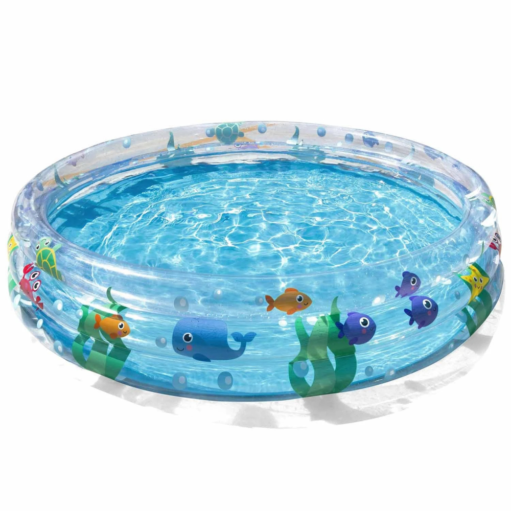 Piscina gonflabila Bestway 152x30 cm Deep Waters Albastru, 3 inele, Material PVC rezistent, Capacitate 282 litri, Pereti transparenti cu pestisori colorati