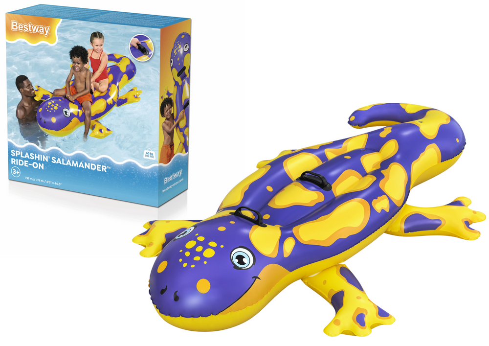 Saltea gonflabila pentru plaja si piscina, prevazuta cu doua manere de sustinere, din material PVC rezistent, dimensiune 191 x 119 cm, sarcina maxima 60 kg, model Smiling Salamander Jucarii de exterior