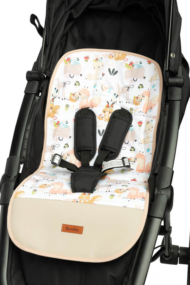 Saltea pentru carucior Sensillo Picnic Beige 80x40 cm cu doua fete BumbacCatifea,Suport picioare din piele ecologica usor de curatat,Orificii pentru centuri siguranta - 2