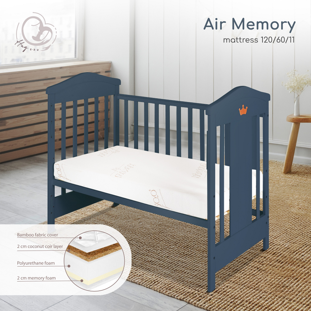 Saltea pentru patut copii Hugzzz Air Memory 120x60x11cm cu din spuma poliuretanica de inalta densitate,Strat din spuma cu memorie 2cm,Fibre Cocos si Husa moale detasabila cu fibre de bambus,Recomandata de la nastere - 2