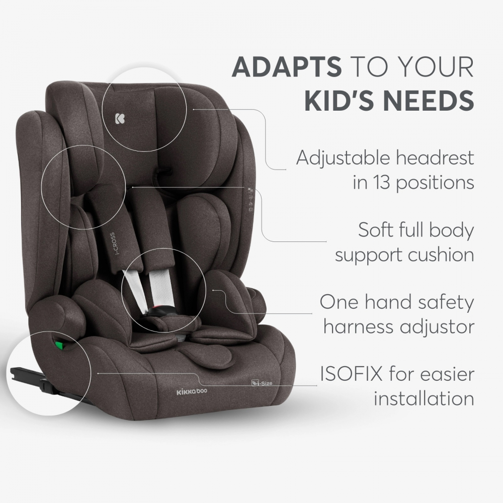 Scaun auto cu ISOFIX KikkaBoo i-Cross i-SIZE Brown 76-150 cm,Tetiera reglabila in 13 pozitii cu spuma de memorie,Centura Top Tether,Husa detasabila,Perna reductor - 5