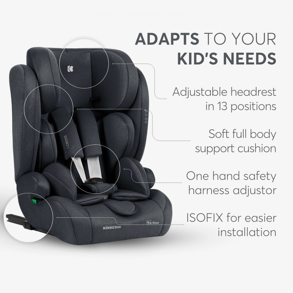 Scaun auto cu ISOFIX KikkaBoo i-Cross i-SIZE Dark Grey 76-150 cm,Tetiera reglabila in 13 pozitii cu spuma de memorie,Centura Top Tether,Husa detasabila,Perna reductor - 5