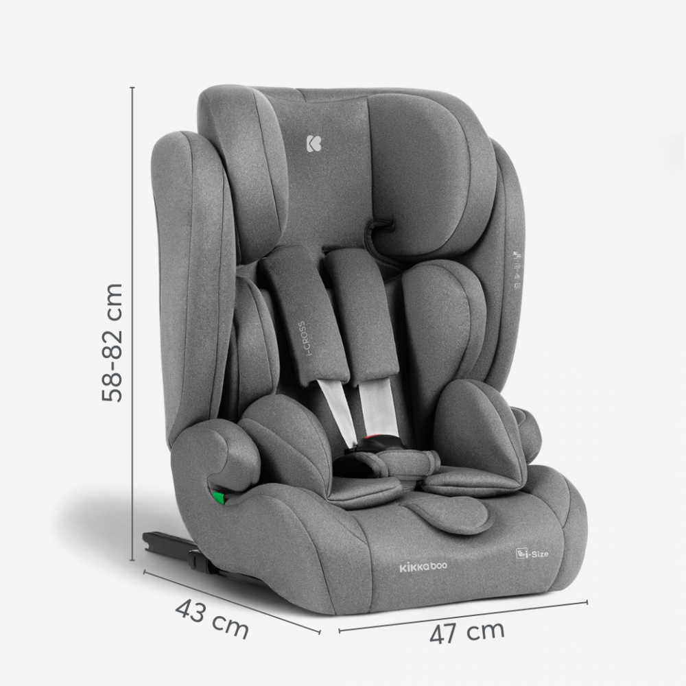 Scaun auto cu ISOFIX KikkaBoo i-Cross i-SIZE Light Grey 76-150 cm,Tetiera reglabila in 13 pozitii cu spuma de memorie,Centura Top Tether,Husa detasabila,Perna reductor