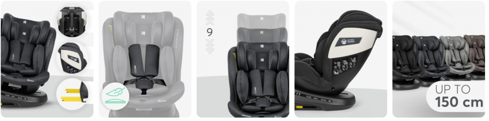 Scaun auto pentru copii KikkaBoo I-Cruze Dark Grey cu ISOFIX,Omologat I-Size 40-150cm, R129, SPS, Tetiera reglabila 9 pozitii,Sezut rotativ,4 pozitii inclinare spatar,Alarma acustica pentru fixare corecta,Saltea reductor